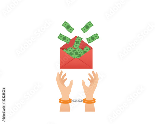 The Price of Corruption Hands in Handcuffs Below Flying Money from an Envelope Depicting Illegal Earnings