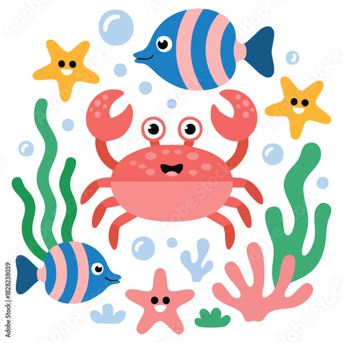 Adorable crab character with marine life elements isolated vector illustration on white background