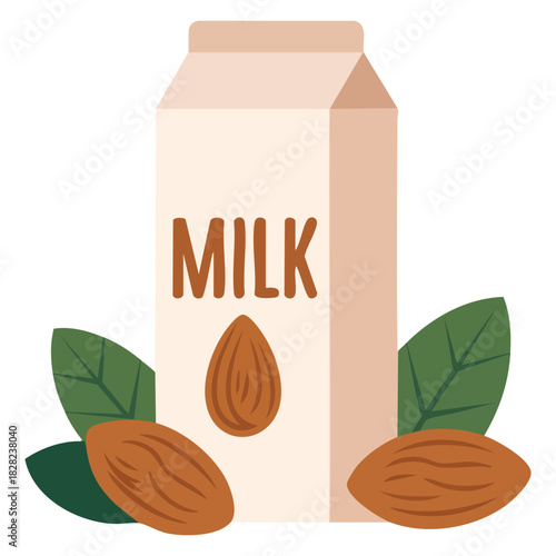 Almond nuts foliage and milk package isolated design isolated vector illustration on white background