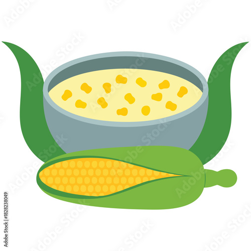 Bowl with corn soup and fresh corn ingredients isolated vector illustration on white background