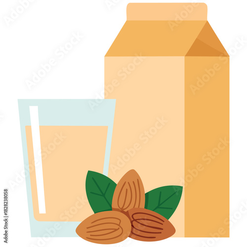Almond nuts with leaves and milk pack on white isolated vector illustration on white background