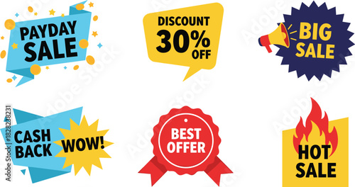Colorful promotional sale badges collection with discount labels, cashback offers, hot sale flames, best offer ribbons, and modern graphic design.