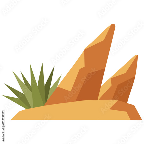 Desert landscape with rocky formations and dry desert plants on sandy ground isolated vector illustration