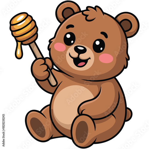 Playful bear cub sitting with honey covered wooden stick forest animal illustration isolated on white