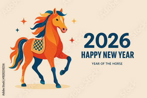 Celebrate 2026 Year of the Horse with this festive illustration, a vibrant and auspicious design for Chinese New Year greetings