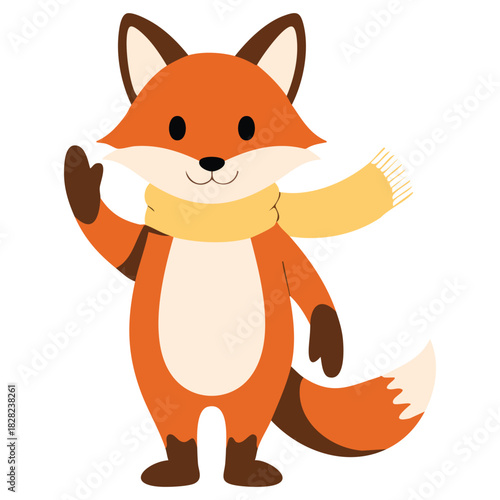 Cheerful cartoon fox waving its paw animal character with bushy tail isolated vector illustration
