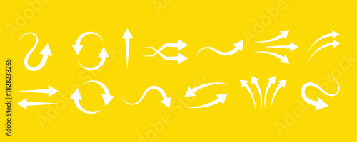 Set of White Hand-Drawn Style Dynamic Arrow Icons with Swirl and Speed Effects on Vibrant Yellow Background