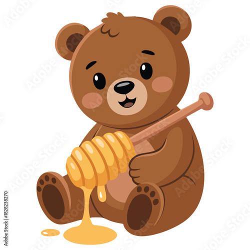 Cute cartoon brown bear holding honey dipped stick cheerful animal character isolated vector illustration