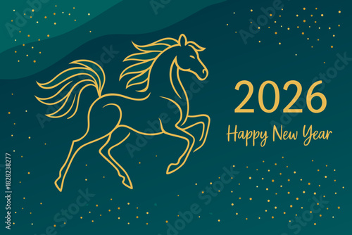 Celebrate 2026 with this golden horse, a symbol of strength and prosperity for a Happy New Year greeting card