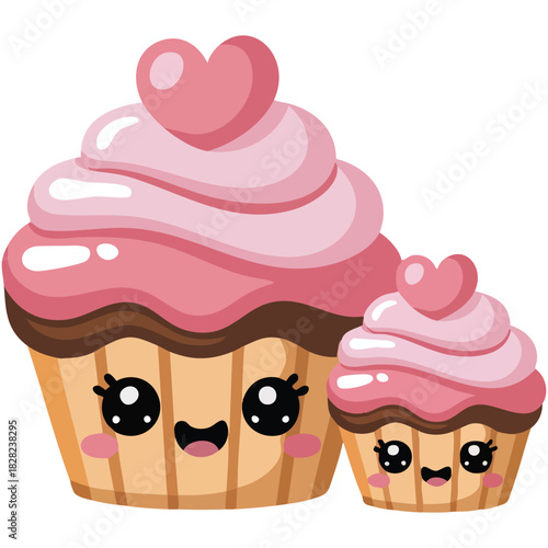 Birthday party cupcakes with happy characters kids celebration isolated vector illustration on white background