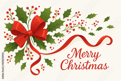 Festive Merry Christmas with classic holly berries and bright red bow, a vintage holiday greeting for seasonal celebrations