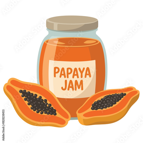 Papaya jam glass jar with fresh fruit tropical spread isolated vector illustration on white