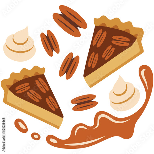 Slice of pecan pie with cream topping sweet treat isolated vector illustration on white background