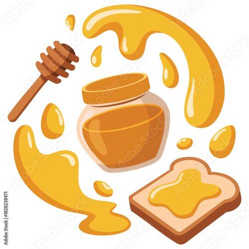 Honey jar with dipper and toast breakfast icon isolated vector illustration on white background