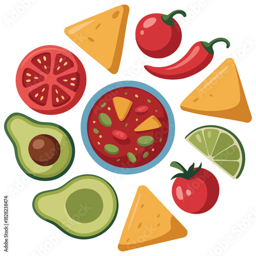 Bowl of corn chips with garnishes Mexican snack food isolated vector illustration on white