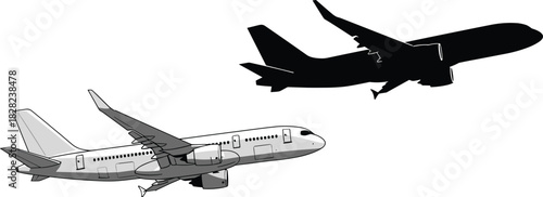 Commercial airplane illustration with detailed aircraft drawing and silhouette, aviation design showing passenger jetplanes in flight for travel, transportation and aviation concepts