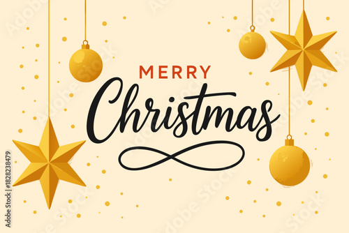Charming Merry Christmas greeting with golden stars and ornaments, perfect for festive holiday cards and seasonal designs