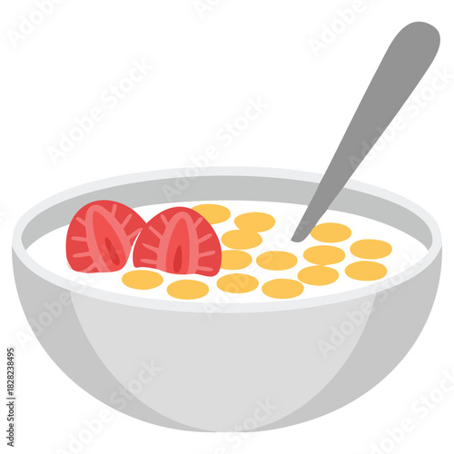 Cereal flakes with milk and strawberries breakfast food isolated vector illustration on white