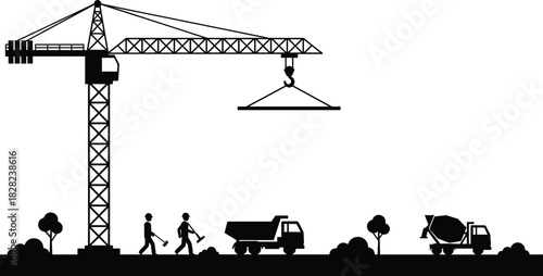 Construction site with tower crane, workers, dump truck, cement mixer, industrial building equipment and heavy machinery silhouette for engineering and construction projects.