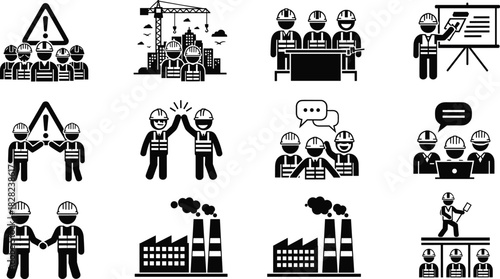 Construction worker icon set, industrial safety illustrations, teamwork and training graphics, factory production symbols, engineering labor silhouettes, workplace safety design