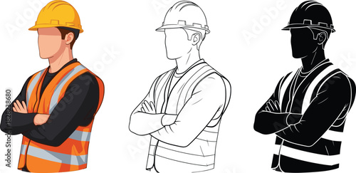 Construction worker illustration set with safety helmet, reflective vest, arms crossed poses in color, outline, and silhouette design styles.