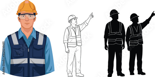 Construction workers wearing safety gear, hard hats, and reflective vests with portrait, standing pose, silhouette versions for industrial and engineering design.