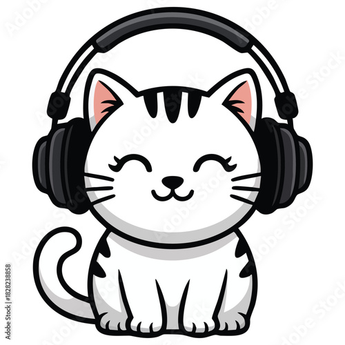 Cat wearing black headphones listening to music isolated vector illustration on white