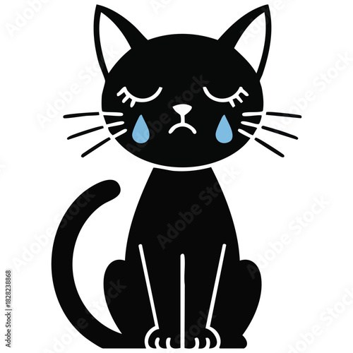 Screaming black cat head with tears kawaii isolated vector illustration on white