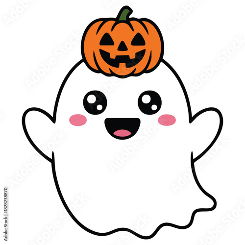 Flying ghost holding pumpkin boo Halloween isolated vector illustration on white
