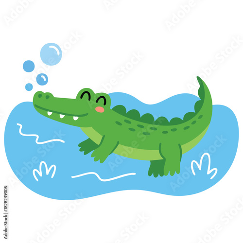 Cute crocodile bathing with toy ship animal isolated vector illustration on white background