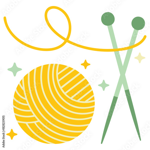 Yellow yarn ball with knitting needle craft isolated vector illustration on white