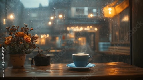 Steaming Coffee Cup by Window with Roses on Wooden Table Outside City Street in Rain