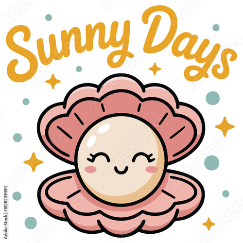 Cartoon open shell with pearl summer greeting card isolated vector illustration