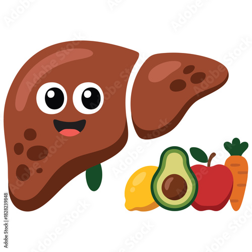 Healthy human liver organ with happy face and nutritious foods isolated vector illustration on white background