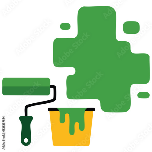 Paint roller with yellow bucket green painting tool decorator work isolated vector illustration on white background