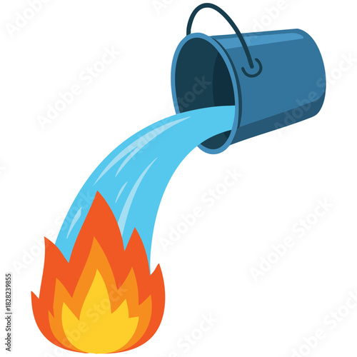 Emergency water bucket dousing flames fire safety measure isolated vector illustration on white background