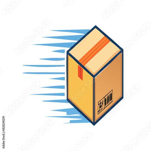Vibrant isometric vector graphic of a fast-moving cardboard box, perfect for illustrating quick delivery, express shipping, and seamless logistics in modern e-commerce services