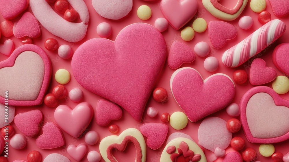 Fototapeta premium A top-down view of heart-shaped sweets and candies on a pink surface. This romantic and festive scene is perfect for Valentine's Day greetings, backgrounds, or confectionery promotions.