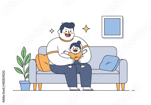 Father Holding Child on Sofa Vector Illustration