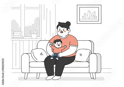 Mother Holding Child on Sofa Vector Illustration