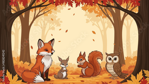 A group of cute woodland animals including a fox, squirrel, rabbit, and owl gathered together in an autumn forest.