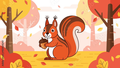 A cute cartoon squirrel holding an acorn in a vibrant autumn forest setting with falling leaves.