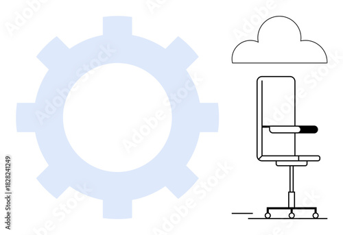 Office chair with armrest, cloud, and gear shape symbolizing productivity, innovation, and cloud-based work. Ideal for business, remote work, teamwork, workflow collaboration planning simple flat