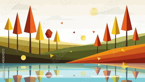 A stylized geometric autumn landscape with colorful trees reflected in a calm lake.