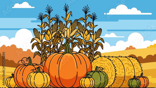 A vibrant autumn harvest scene with pumpkins, corn stalks, and a hay bale in a field.