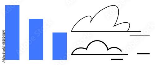 Blue bar chart ascending in height beside minimalistic clouds. Ideal for data analysis, growth, cloud services, business strategy, statistics, environmental tech, simple flat metaphor