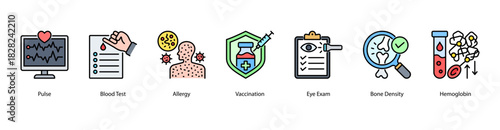 Laboratory Health Indicators web banner icon vector illustration featuring Pulse, Blood Test, Allergy, Vaccination, Eye Exam, Bone Density, and Hemoglobin for essential medical metrics.
