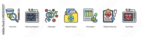 Diagnostic and Vital Tracking web banner with Urine Test, Electrocardiogram, Chlamydia, Medical History, Prescription, Medical Check Up, and Heart Rate to support active health monitoring.