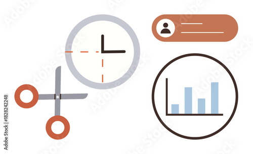 Scissors trimming clock, user profile card, and bar chart illustrating efficiency, productivity, schedule optimization, analysis, data organization, workflow, and goals in a simple flat metaphor