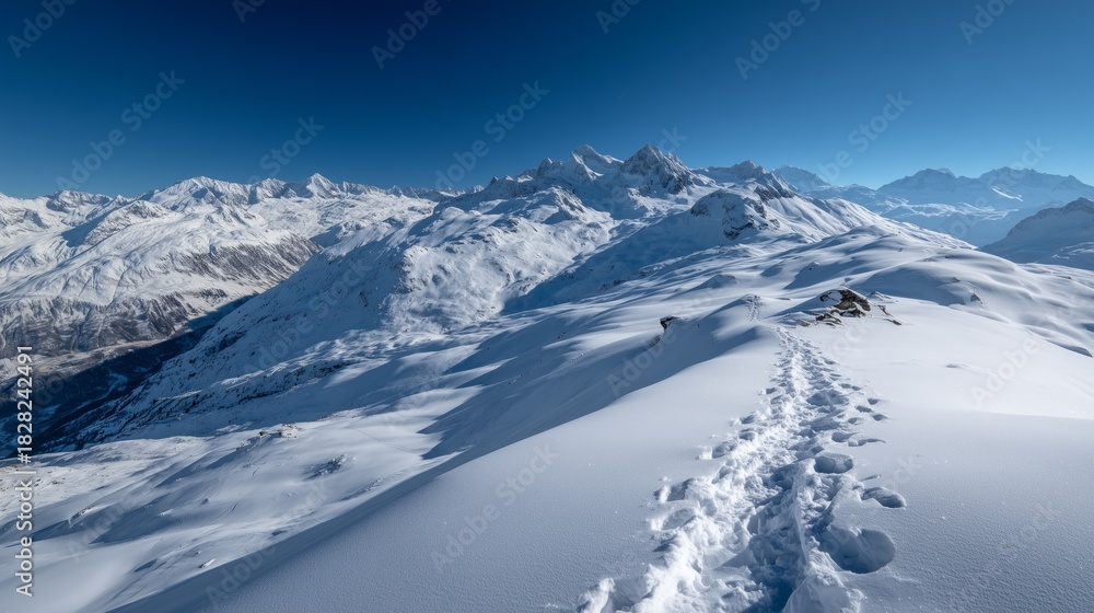 Obraz premium snow covered alpine mountains with distant footprints under clear blue sky